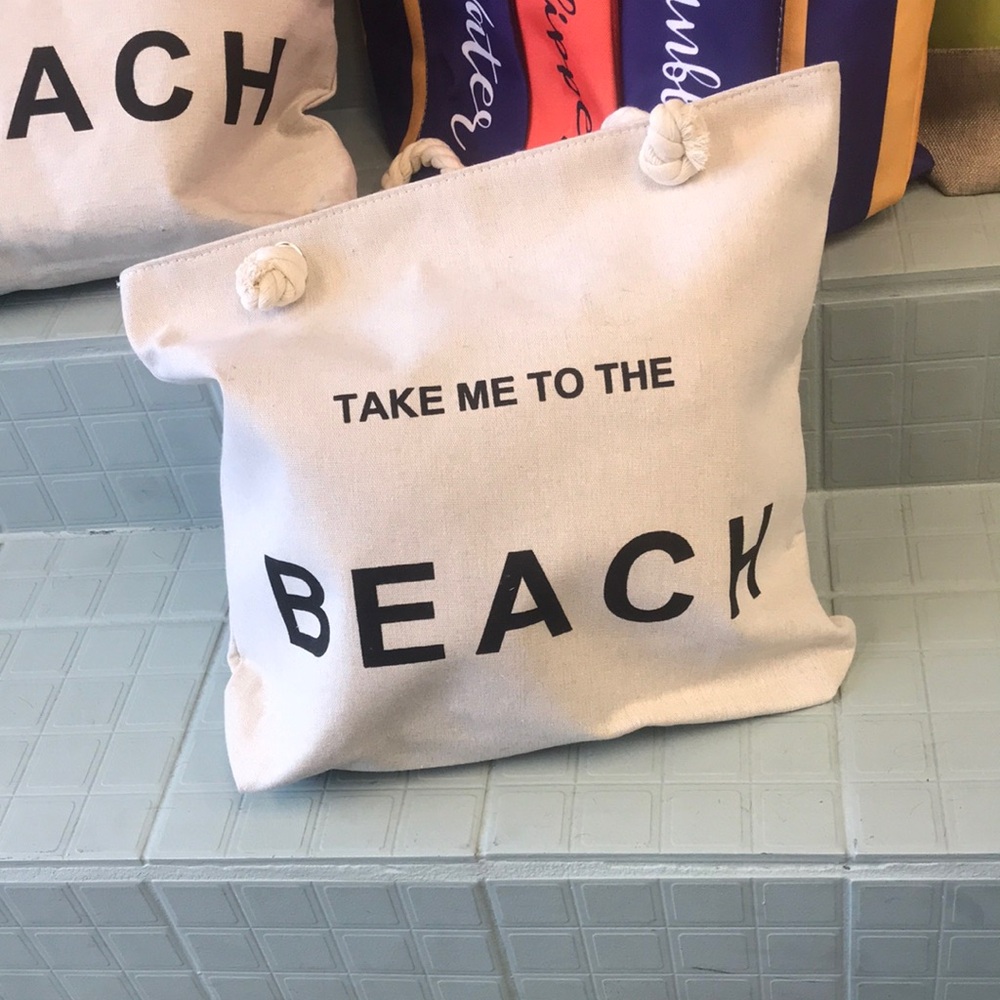 Take Me To The Beach Canvas Tote — White with Black Print